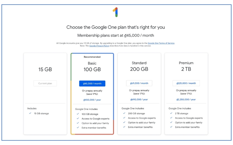 các gói dịch vụ Google One